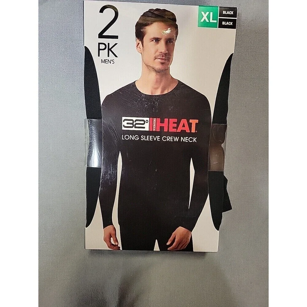 32 Degrees Heat Men’s XL Baselayer Long Sleeve Crewneck Black 2 Pack New